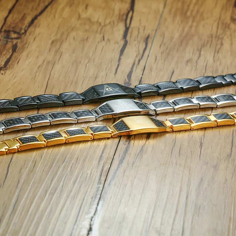 Men Stainless Steel Magnetic Health Energy Hologram Bracelet Gold-color Carbon Fiber ID