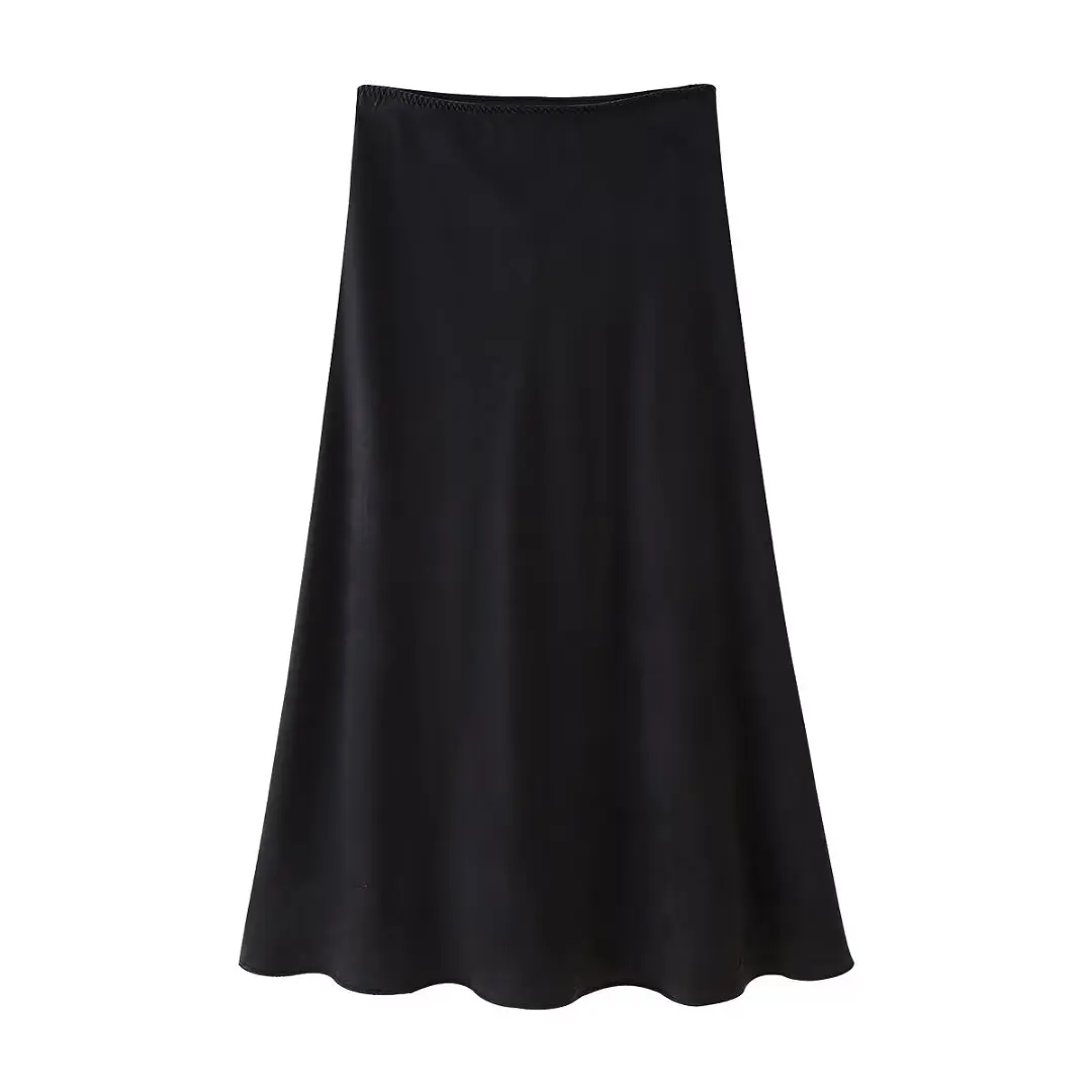 thumbnail image 1 of HH TRAF Falda midi texturizada de satén de seda de cintura alta versátil para mujer, elegante falda larga de cintura elástica para la calle, 1 of 4
