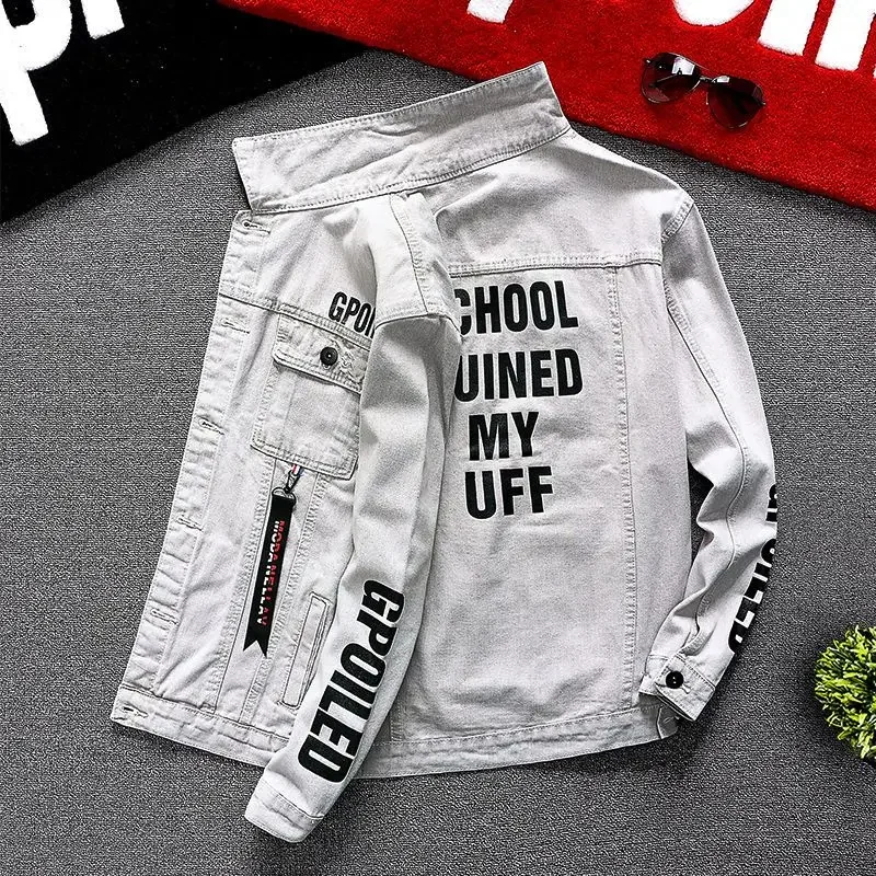 Chaqueta vaquera negra con botones para otoño para hombre, chaqueta vaquera blanca con estampado de letras, abrigo para hombre, lavado rojo G, estética de bajo coste al precio más bajo