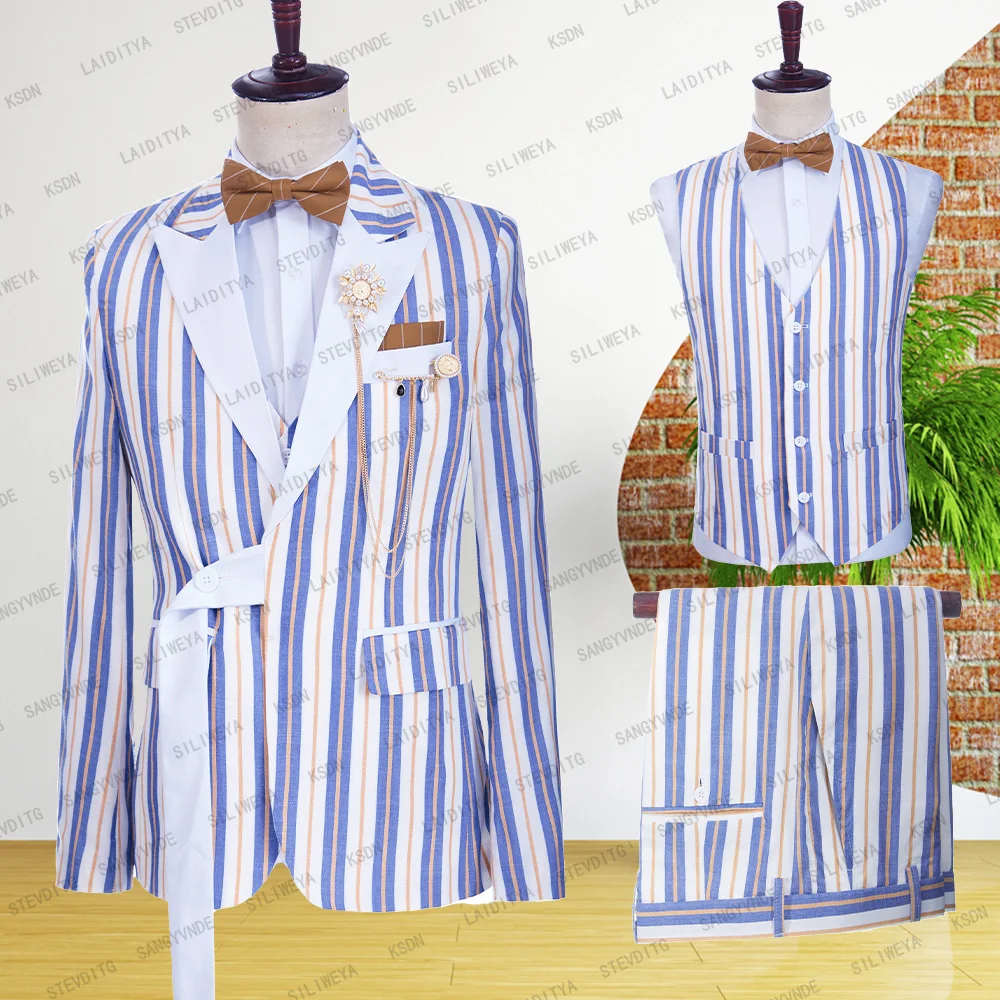 

2023 Summer Navy Blue Stripe Linen Casual Fit Men Suits With Belt White peak Lapel Comfortable Breathable Coat Vest Pants 3 Pcs