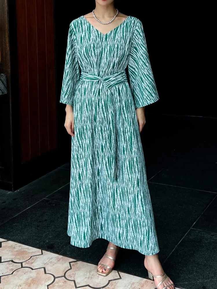 

Fashion New Women Casual A-Line Midi Party Dresses Elegant Loose Birthday with Belted Robe Female Vintage Vestidos Clothes