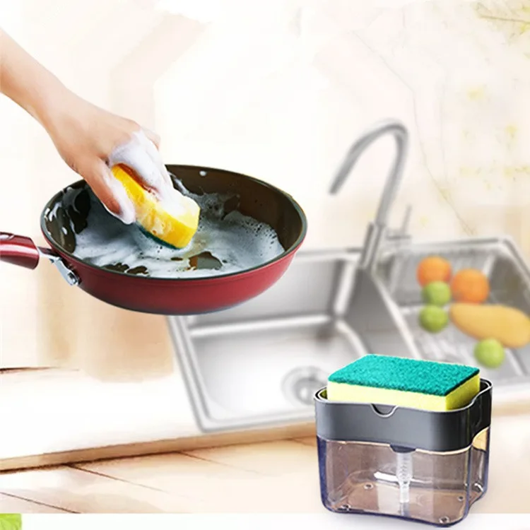 Distributeur de savon à vaisselle pour cuisine, distributeur de savon liquide, distributeur de savon de cuisine avec porte-éponge, distributeur de pompe à savon caddie à éponge 2