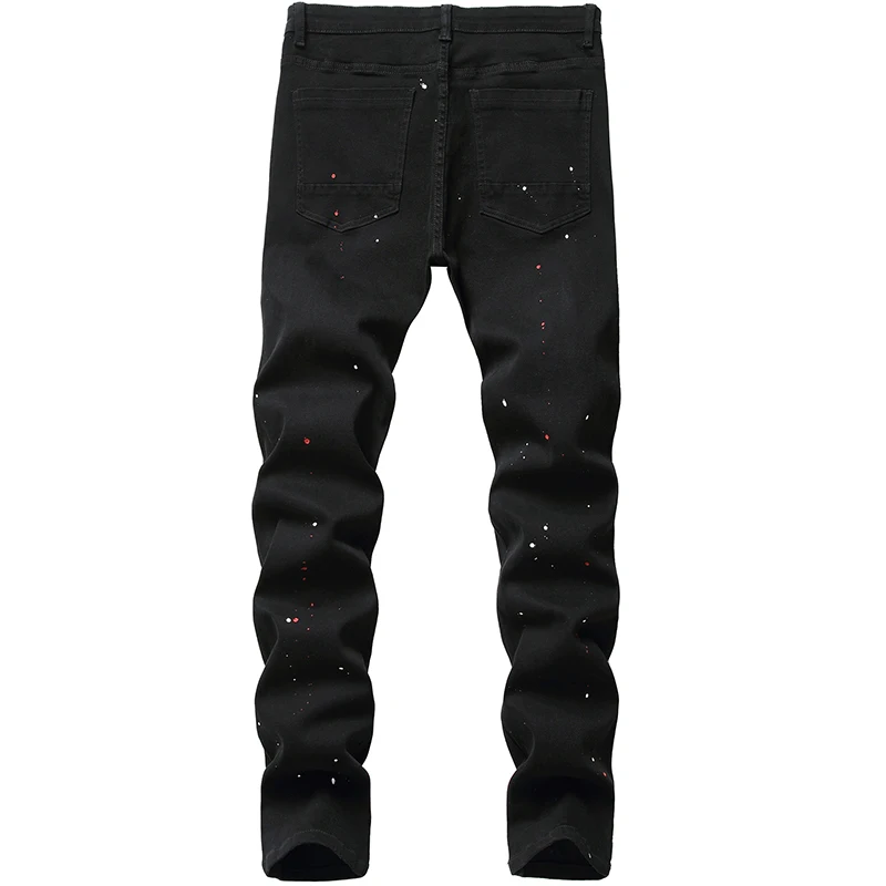 Denim Jeans Hole Design Fashion Lacquer Foot Casual Pants Stretch Regular Fit Black Long Hip Hop Men's Four Season Plus Size