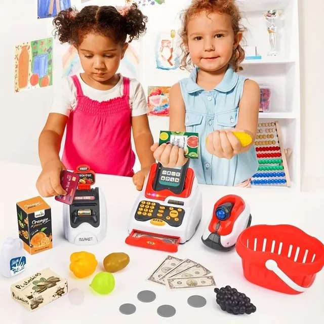 33PCS Toy Cash Register for Kids with Checkout Scanner Fruit Card Reader Credit Card Machine Play Money Food Shopping Play Set 6