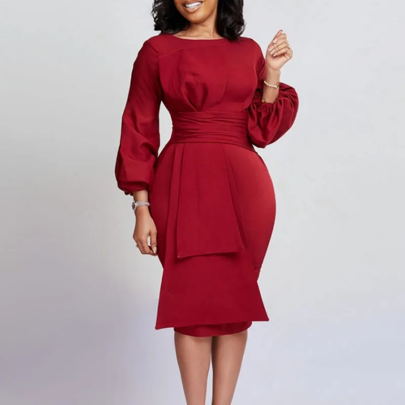 

Women Plus Long Sleeve High Waist O-neck Skirt 2023 Spring Autumn Outfit Elegant Evening Party Night Wear Dresses Office Lady