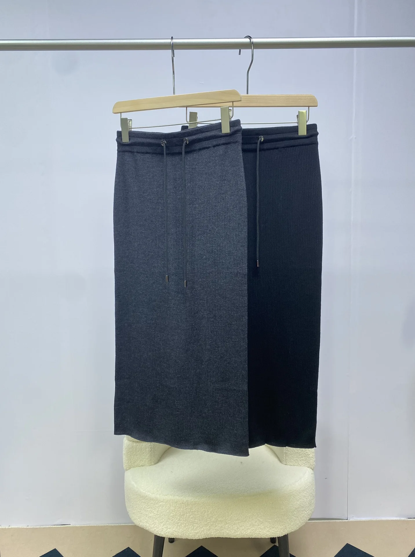 

B*C Wool Women's Skirts English Rib KnitLightweight Pencil Skirt Female High Waist Drawstring Elastic Skirt