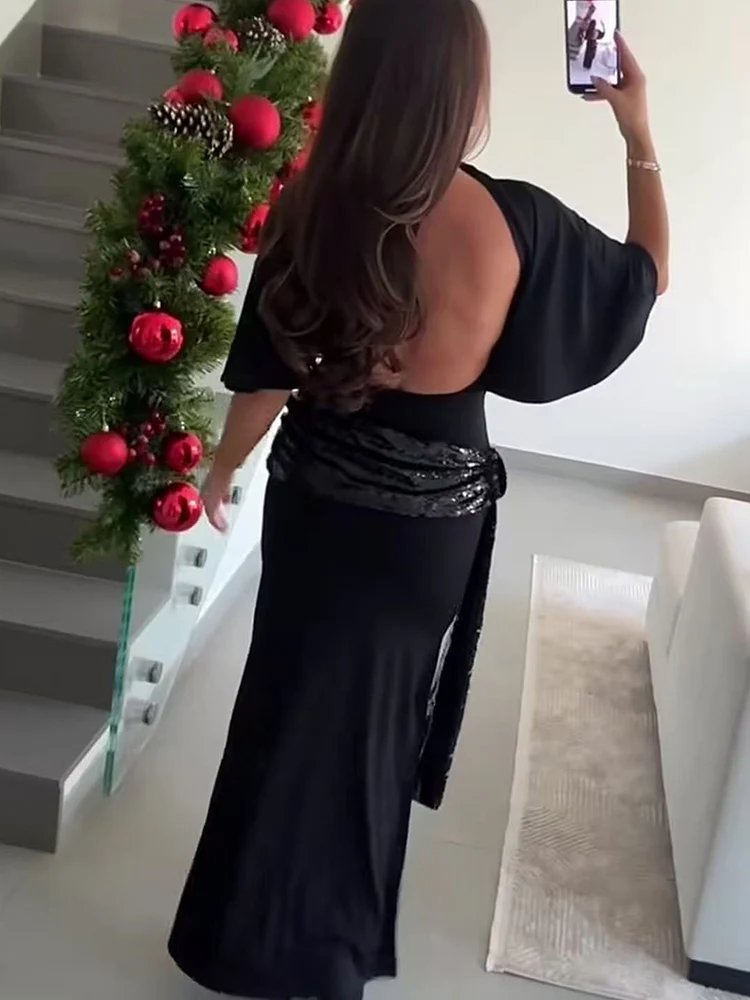 Sexy Women Sequin Backless Dress Chic Short Sleeve Solid Slim Fit Waist Cinching Maxi Dresses Female Evening Party Gowns
