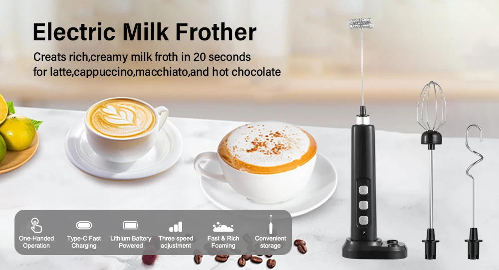 Electric Milk Frother Portable Handheld Foam Milk Blender USB Rechargeable Cream Coffee Whisk Mixer Wireless Egg Beater Machine
