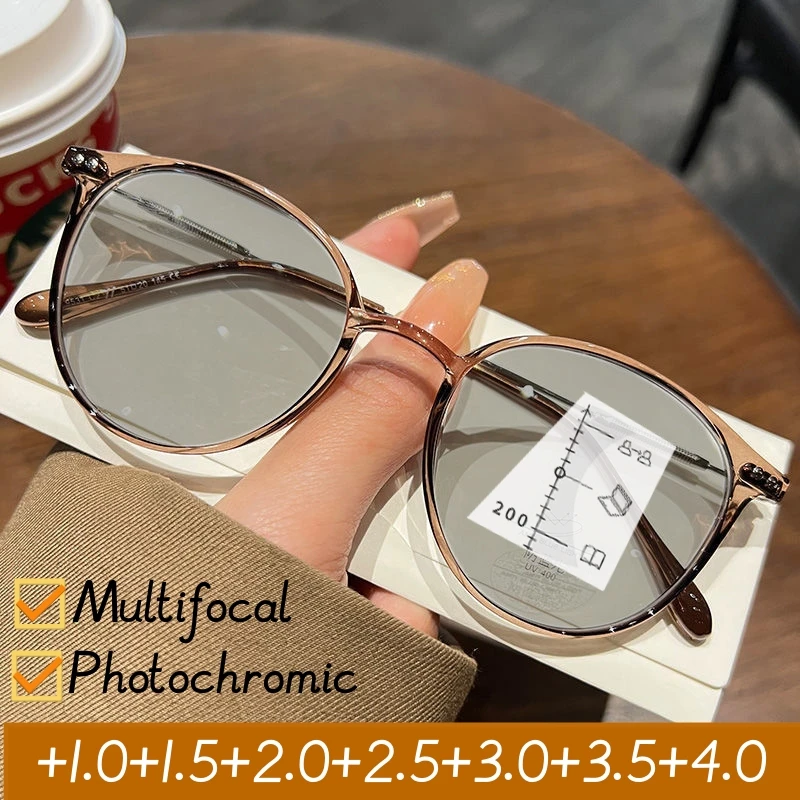 Luxus Near Far Photochrome Gläser Frauen Runde Progressive Multifokale Lesebrille Männer Mode Farbwechsel Brillen