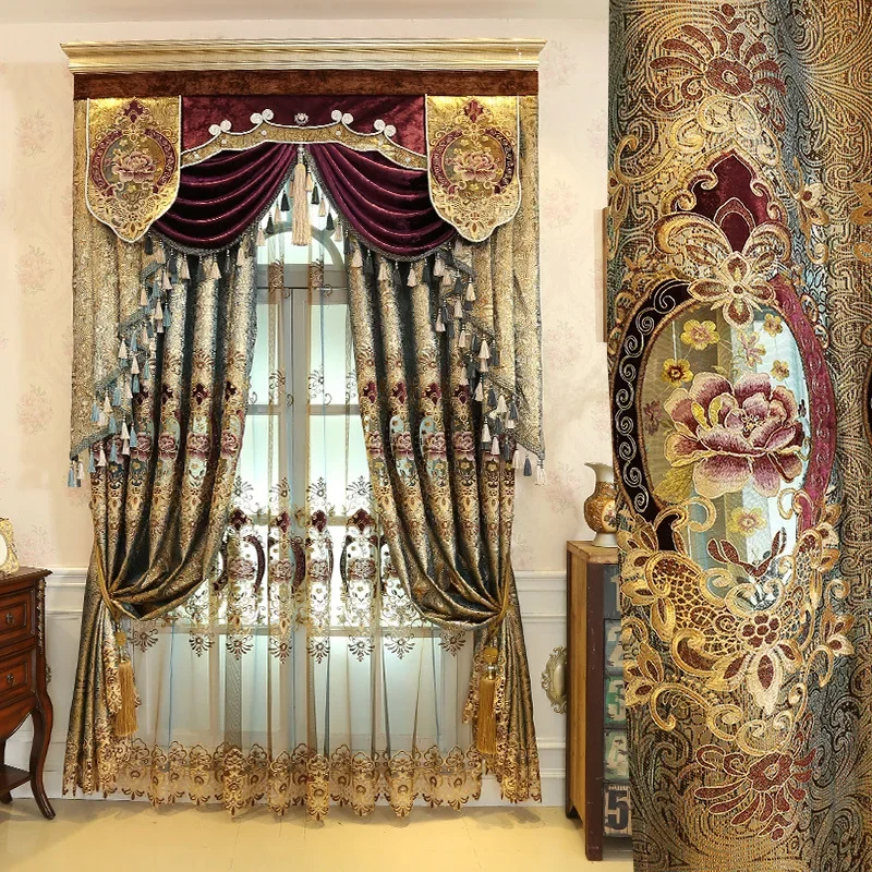 

European Luxury Embroidered Curtains for Living Room Bedroom Villa Window Blackout Valance Decor Custom Tulle Gold Elegant Lace