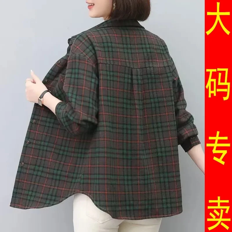 

Temperament Plaid Shirt Ladies Spring And Autumn Coat women's Middle-Aged Mother Casual Loose 100 kg Bottoming Shirt 5XL