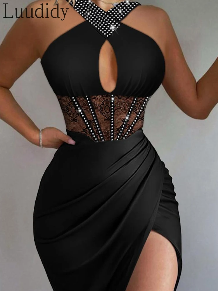 

Rhinestone Ruched High Slit Lace Party Dress
