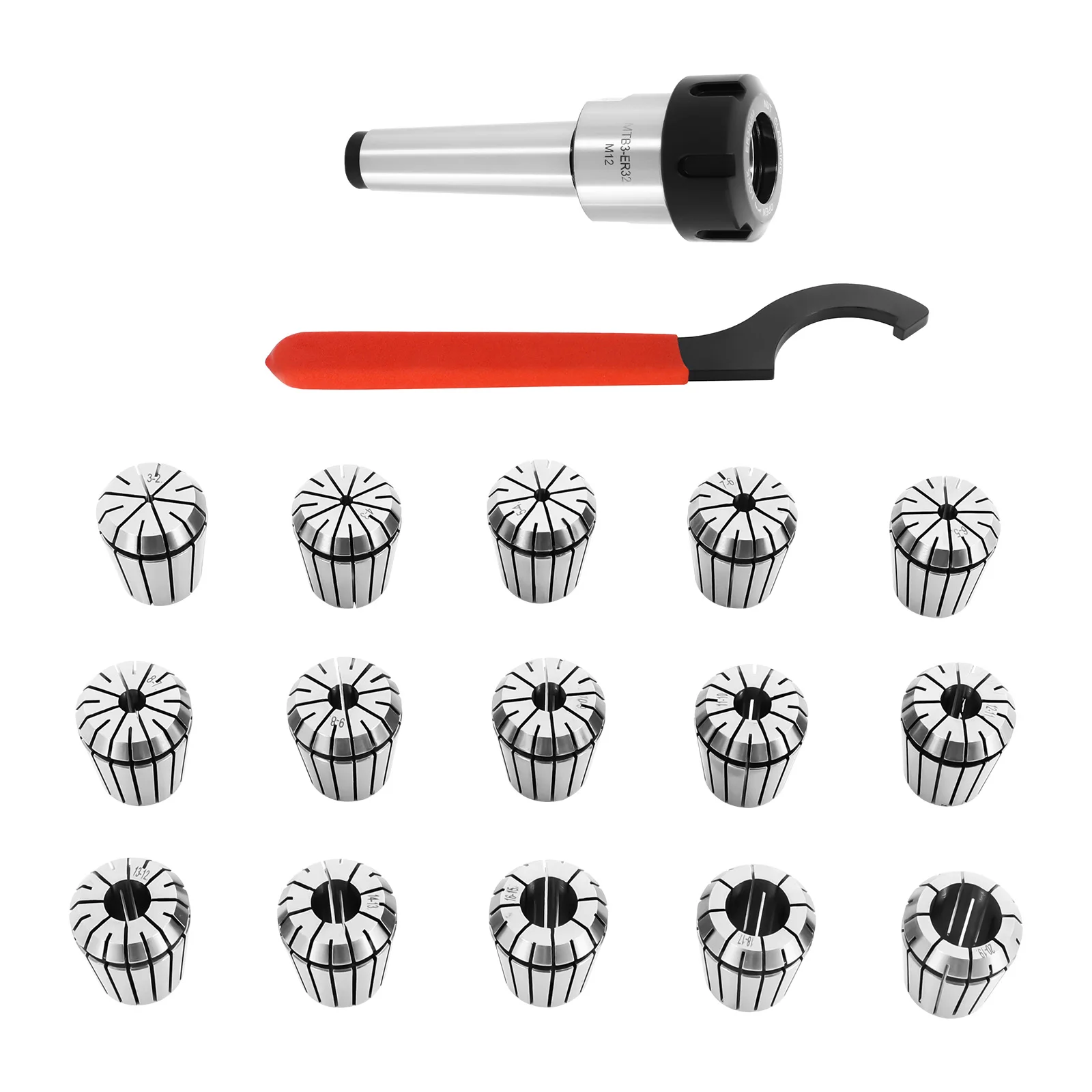 Präzisions-Spannzangensatz MT3-Schaft Spannzangenschlüssel ER32 Spannzange mit 15 Spannzangen 3-20mm Spannzangensatz Handwerkzeugset für Fräsen – Detail 2