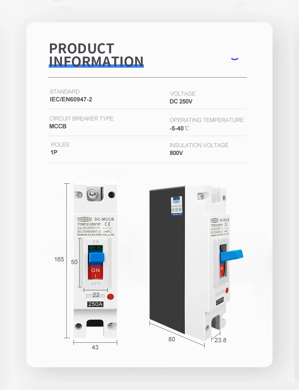sobrecarga, protetor de interruptores para fotovoltaicos solares, MCCB, 1P, DC, 250V DC
