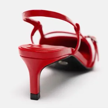 TRAF Summer Woman Red Lacquer Leather Pointed End Sexy High Heel Pumps ZAZA 2024 Fashion Slim Drawstring Slingback Women Shoes - Image 5