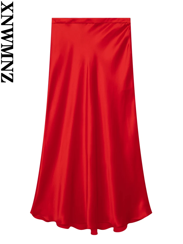 

XNWMNZ 2023 Women Fashion Satin Flowing Midi Skirt Woman Vintage High Waist Side Zipper Versatile Female Chic Skirt