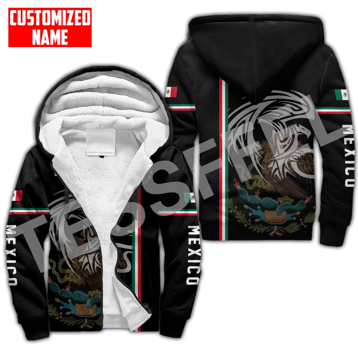 Mexico Proud Eagle Rooster Skull Country Custom Name Tattoo Thicker Winter Coat 3DPrint Men/Women Harajuku Warm Fleece Hoodies A