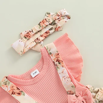 Infant Baby Girls Spring Summer Clothing Floral Print Ribbed Romper Ruffle Fly Sleeve Jumpsuit Headband Outfits 3