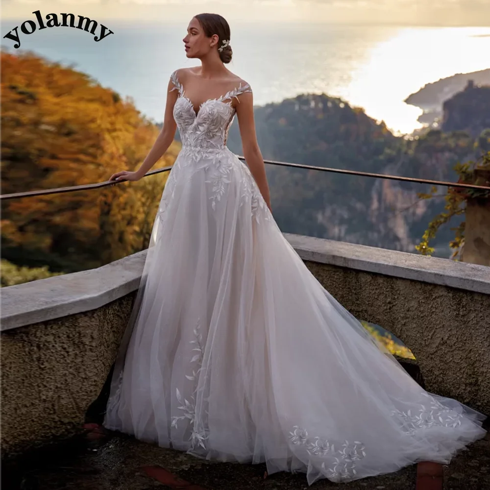 

YOLANMY Graceful Wedding Dresses Scoop Cap Sleeve A-Line Appliques Pleat Formal Bridal Gown Suknia slubna Customised For Women