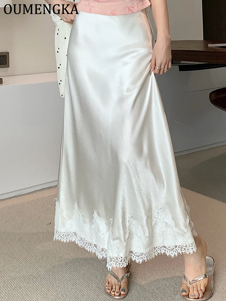 OUMENGKA Summer French Elegant Satin Mermaid Skirt Women Lace Patchwork Waist Elastic Long A-line Skirts Fashion Ladies 10 Sdc5f555d7fc848b3a4d7e2d6e0c7992dk