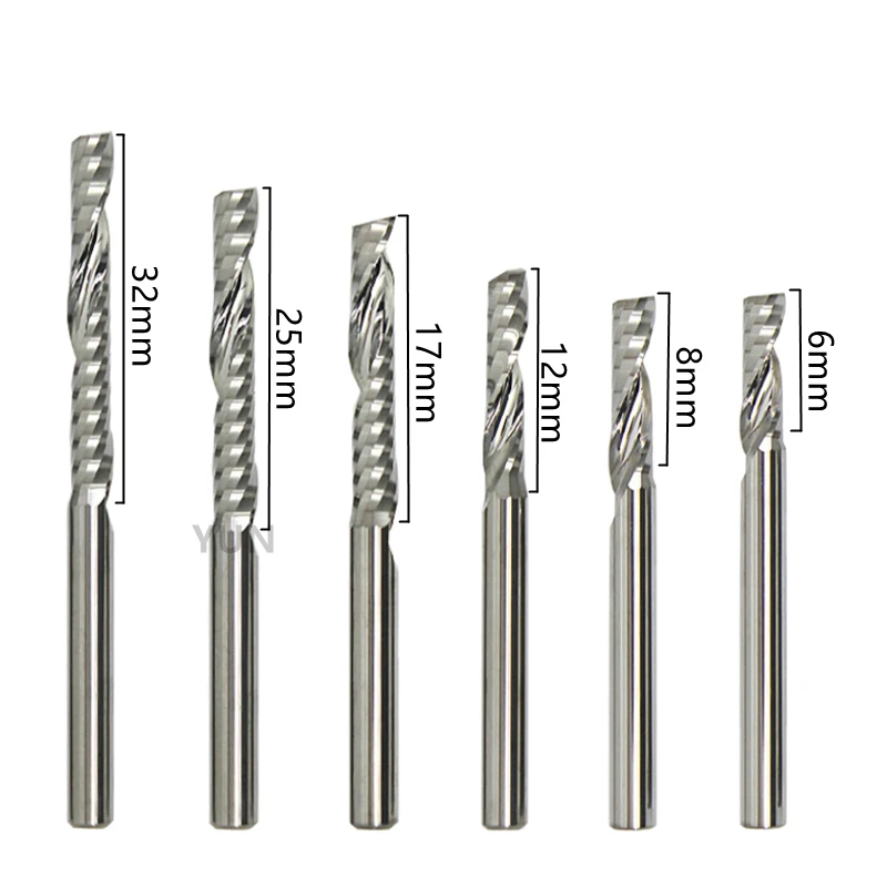 

Single-Flute Helical End Milling Cutter For MDF Acrylic PVC PS /PA /PP Board 3.175/4mm Shank 3/4/6/8/10/12/15/17/22/25/28/32mm