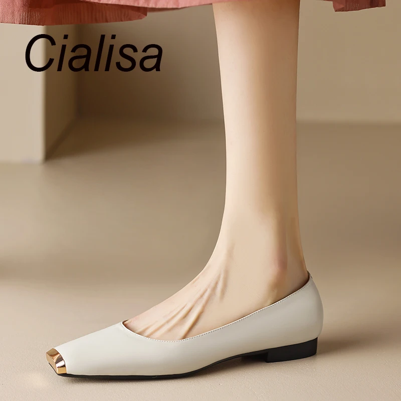 

Cialisa New Real Leather Women's Shoes Spring 2023 Concise Square Toe Handmade Daily Slip-On Flats Ladies Footwear Apricot 40