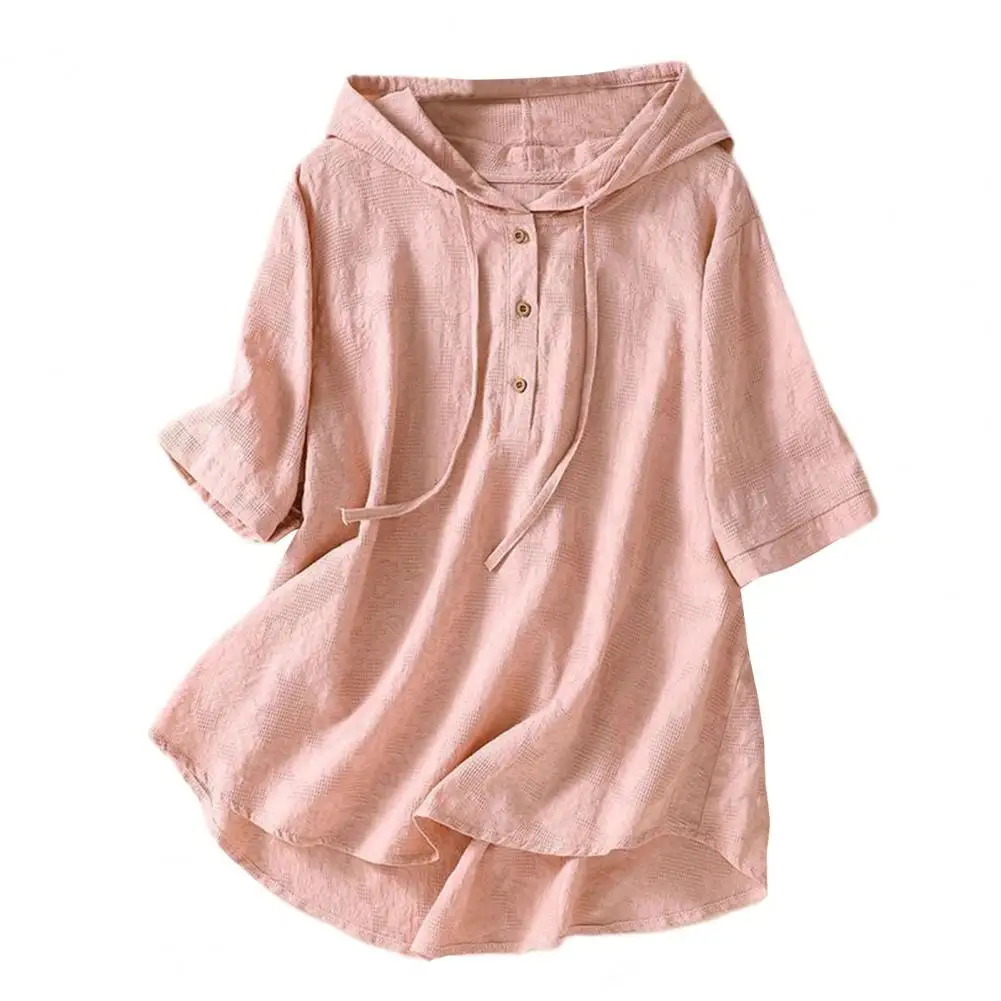 

Elegant Casual Top Hooded Short-sleeve Blouse Vintage Half Sleeve Hooded Shirts Women's Embroidered Loose Fit Blouse