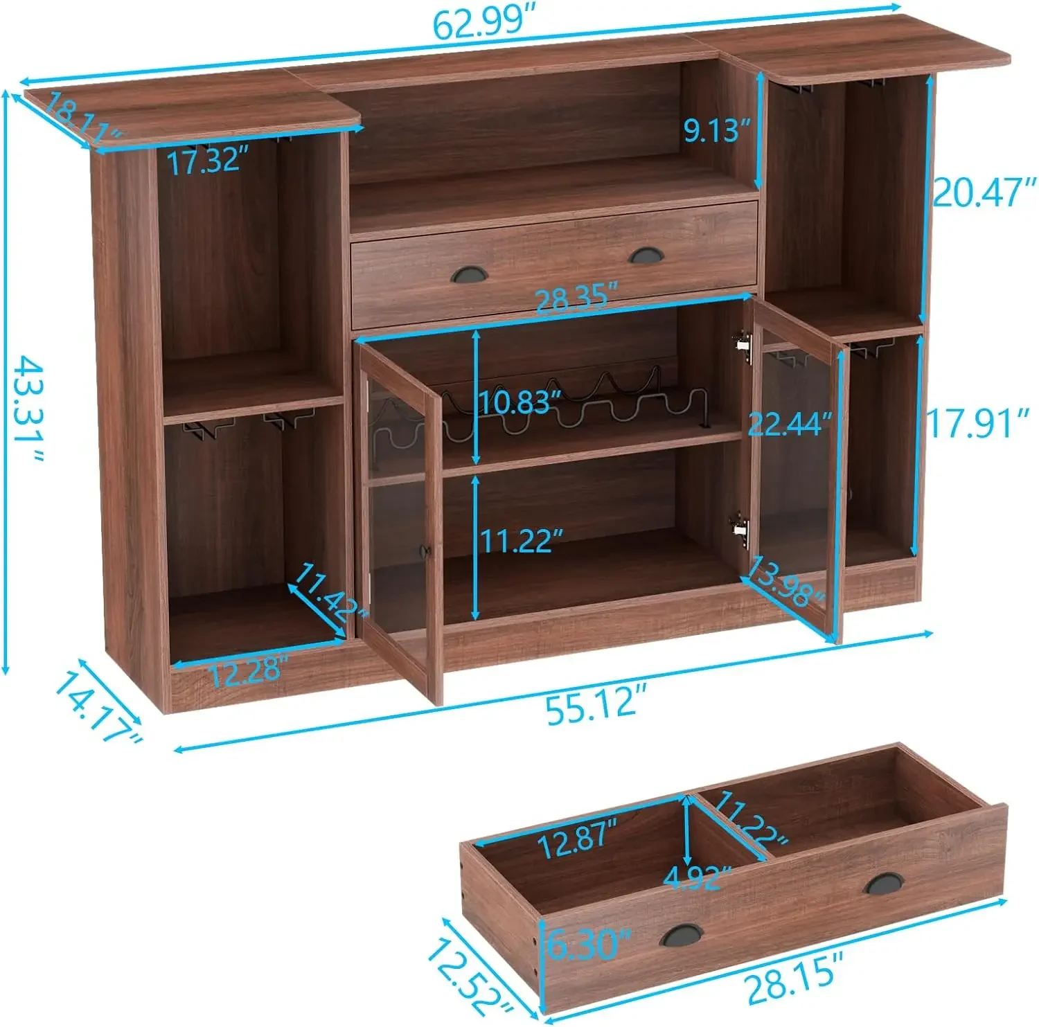 Mini Liquor Bar Cabinet, with LED & Drawer,Wine Alcohol Bar Stand with Glass, 8-Tier Storage & Stemware Holder