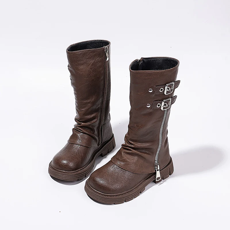 Spring Autumn New Kids Fashion High Boots Classic Black Brown Girls School Causal Leather Boots Catwalk Children Platform Boots