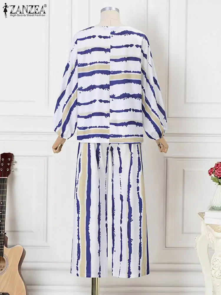 

Костюм ZANZEA женский длинный из 2 предметов, Модный повседневный костюм с принтом и диагональным воротником, спортивный костюм с широкими штанинами, осень 2023