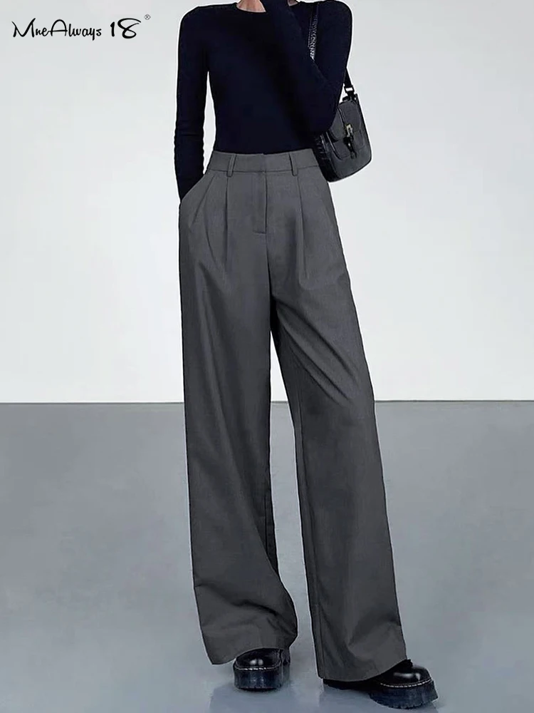 

Mnealways18 Gray High Waist Pants Pleated Elegant Women Wide Leg Pants Office Ladies Classic Work Floor-Length Pants Summer 2023
