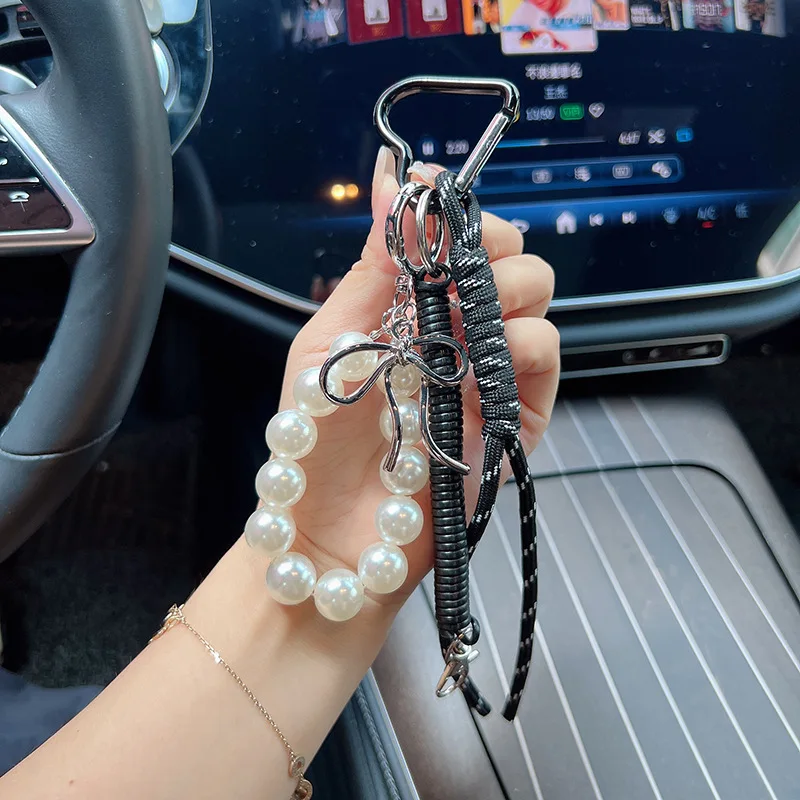 Korean Sweet Pearl Bow Keychain Heart Pendant Y2K Aesthetic Key Holder for Girls Bag Accessory