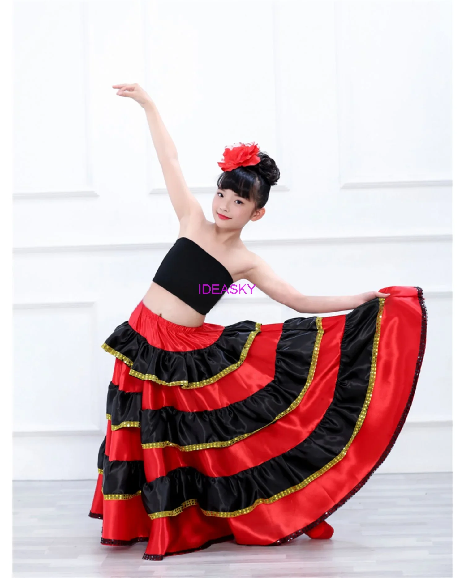 Women Flamenco Dresses Kids Flamenco Skirt Spanish Costume Girl long Red Flamenco Style Dress Ballroom Skirt for Girls Child Black Dance Dresses Costumes For Kids Clothes