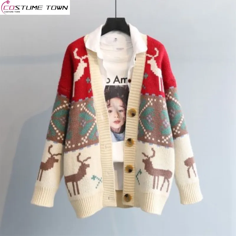 

2023 Spring and Autumn New Korean Version Loose Sweater Cardigan Coat Women's Red Deer Jacquard Vintage Knit Top