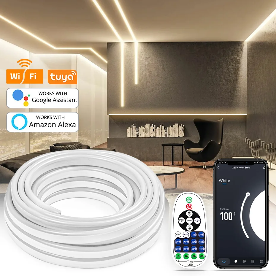

LED Neon Strip Light AC 220V 2835 Dimmable Flexible Ribbon Tape 120LEDs/M Waterproof Remote/Bluetooth/WiFi Control with EU Plug