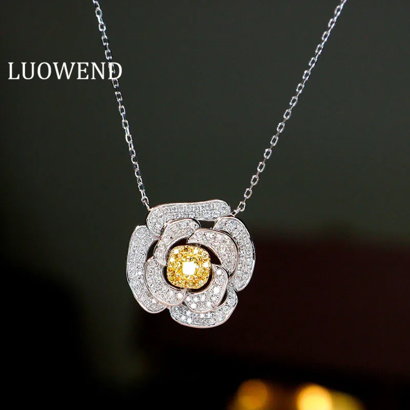 LUOWEND 18K White Gold Pendant Necklace Real Natural Yellow Diamond Pendant Luxury Rose Necklace for Women Wedding Party