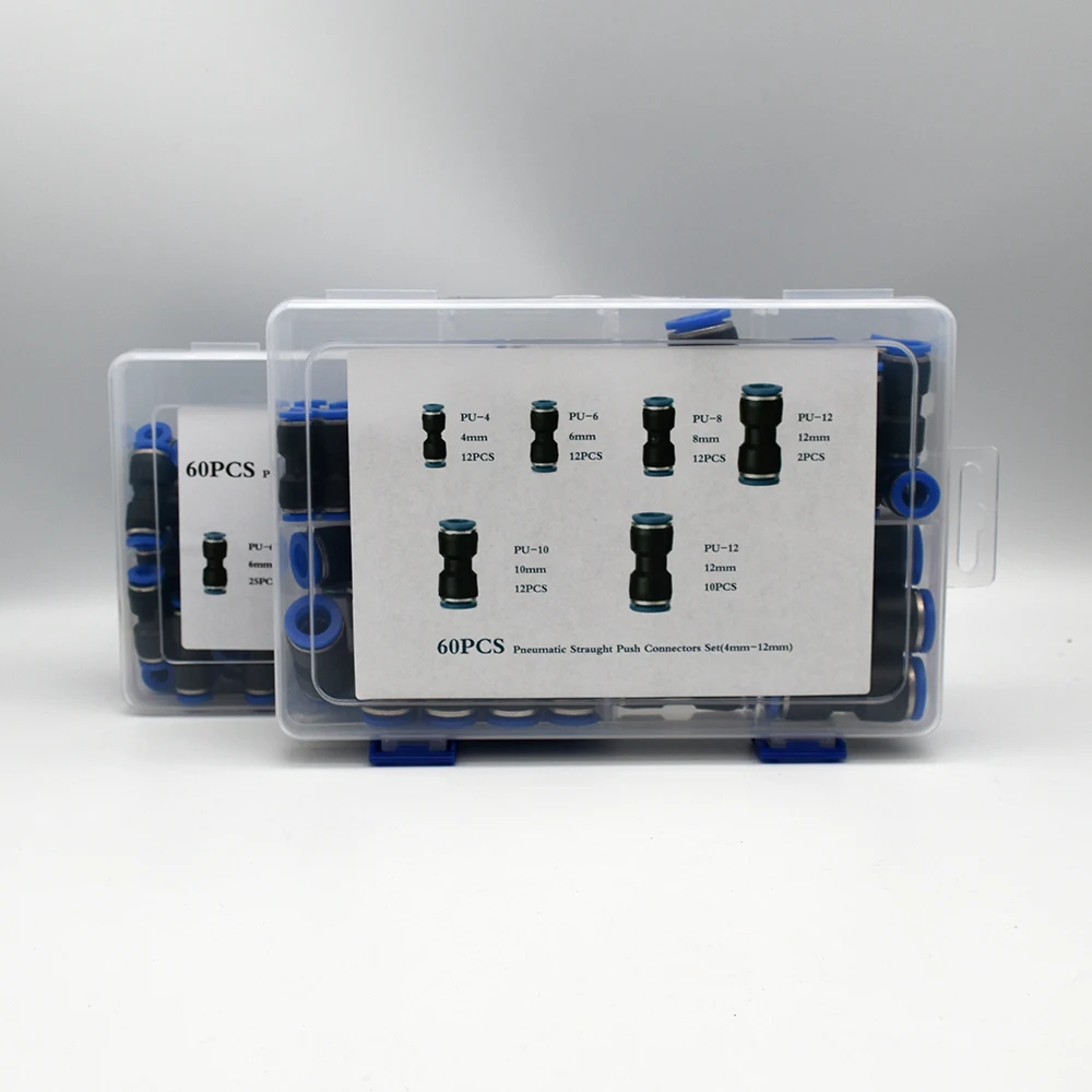 60PCS/Box Set Air Straight Pneumatic Fittings PU Water Pipes Quick Release Connector PU-4-6-8mm Plastic Hose Couplings