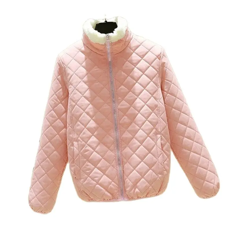 

Pink Rhombus Lamb Fleece Cotton Coats Women's Spring Autumn Winter Jacket Stand Collar Warm Short Girl Student Outerwear