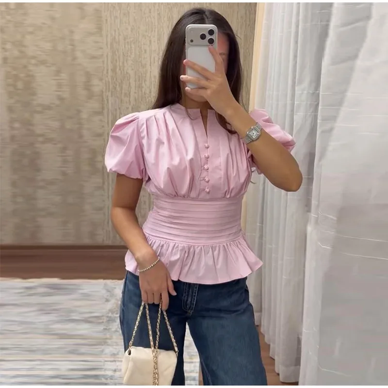 ตัวเลือกสินค้า เสื้อแขนสั้นระบายชาย คอโอ ทรงสวย ใส่สบาย