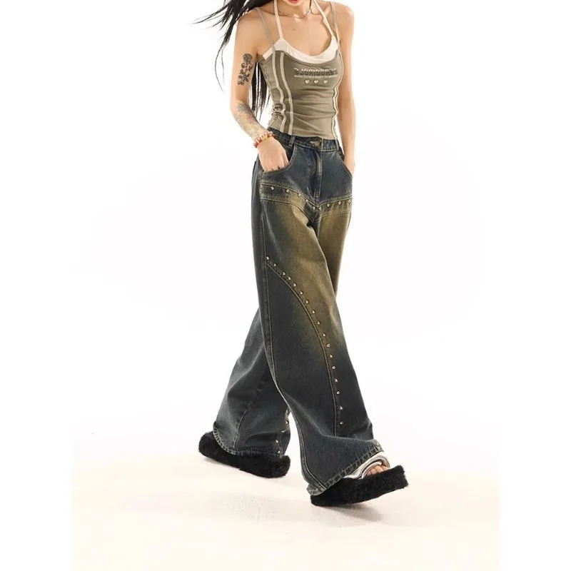 Women Wide-legged Pants Low-rise Jeans Woman's Clothing Studded Vintage Baggy Trouser Streetwear Y2K Hipster Solid Design New