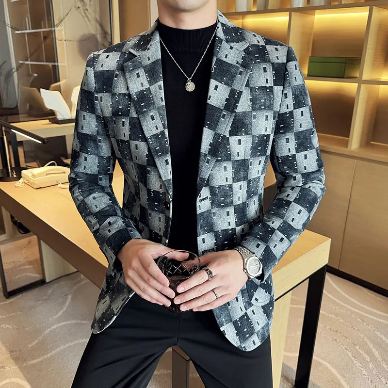 Korean Jacquard Denim Jacket Men Autumn Winter Casual Business Men Blazers Slim Fit Wedding Social Dress Coat Clothing