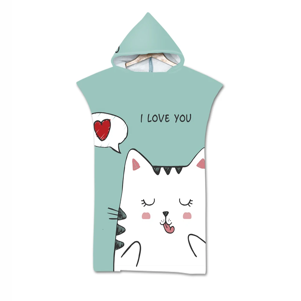 

Полотенце-пончо с капюшоном для взрослых и детей, узор с милыми кошачьим сердечками, сине-розовый, плавание в серфинге, пляжный халат, праздничный подарок, Прямая поставка