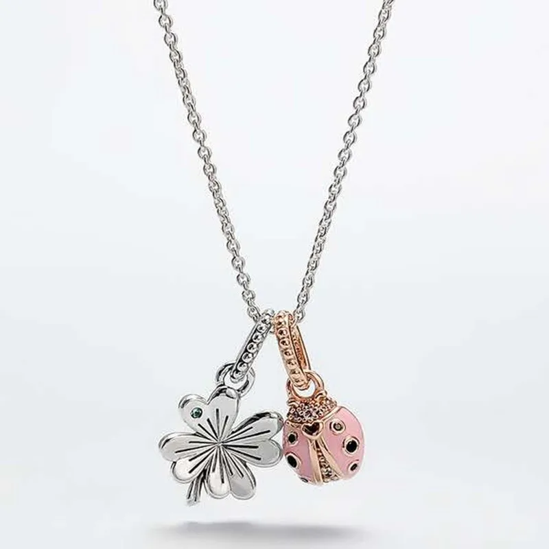 

Genuine 925 Sterling Silver Fashion Four Leaf Grass Ladybug Pendant Necklace Fit Original Pan Charm Female Diy Jewelry