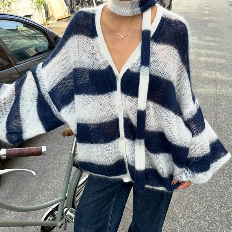 Loose Mohair Striped V-neck Cardigan Women With Scarf Fashion Lantern Sleeve Single Breasted Knitwear Casual Lady New Streetwear