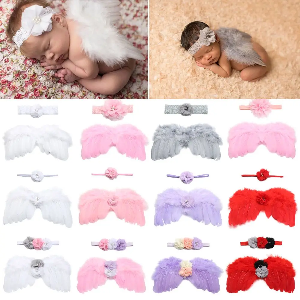 2Pcs/Set Cute Newborn Angel Feather Wings with Baby Girl Rose Flower Headband Hair Accessories for Infant Photography Props