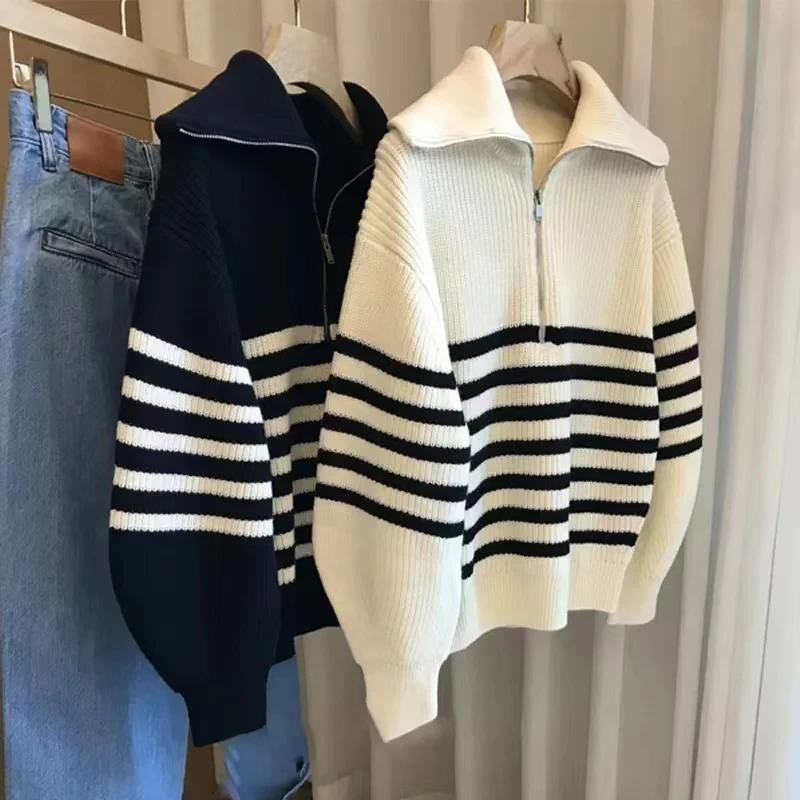Autumn and Winter Lapel Zipper Semi-open Placket Women's Long-sleeved Striped Sweater Black and White Fashion Casual Knitwear