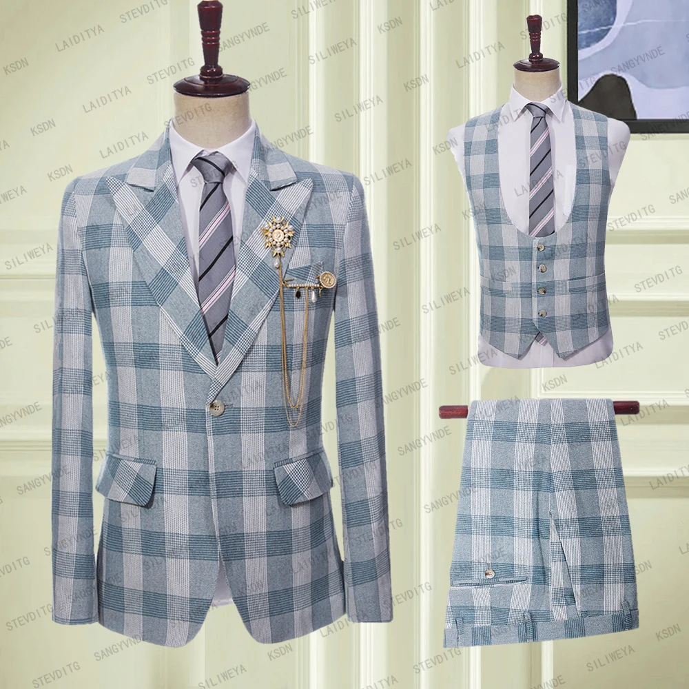 

Men Suit 2023 Retro Pattern Plaid Light Blue Peaked Lapel Single Breasted Three Piece Coat Pants Vest Leisure Linen Slim Fit