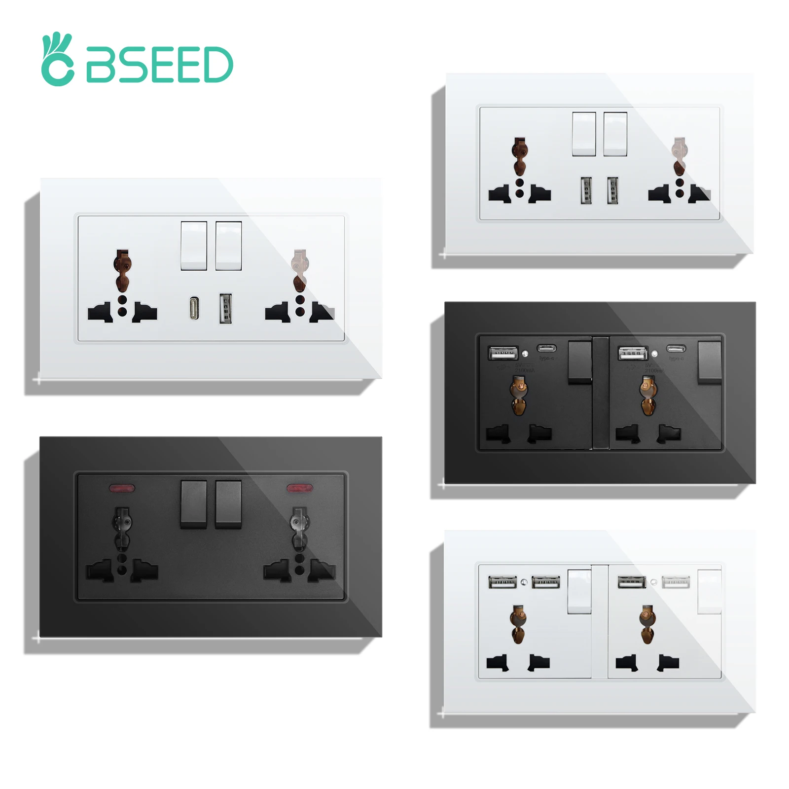 Bseed-tomadas Universais Duplas Plugue Usb tipo c 5v Tomadas 2.1a Controle de Interruptor Duplo Tomada de Parede Cristal