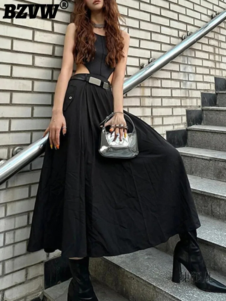 

BZVW Designer High Waisted Sleeveless Dress For Women 2024 Spring New Minority Black Slim Hollow Out Dresses Female 25X4490