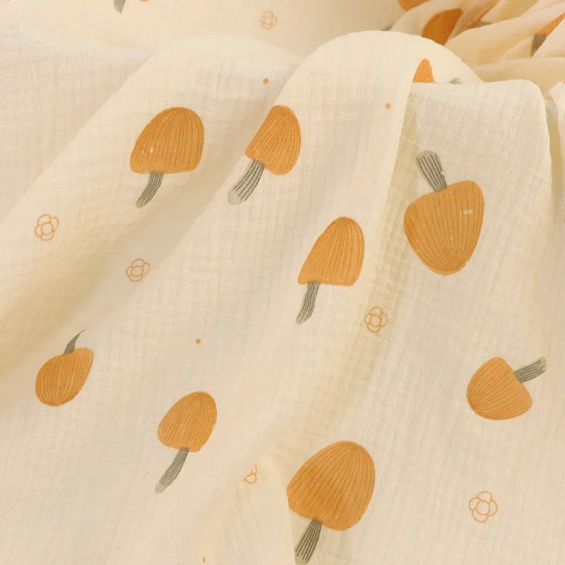 Pure Cotton Double Layer Pleated Print Small Mushroom Gauze Absorbent Towel Fabric Children's Clothing Sweat Absorbing Material
